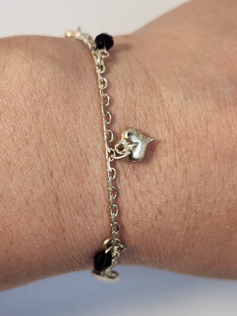 Vintage Black Faceted Bead Heart Charm Adjustable Silver Bracelet